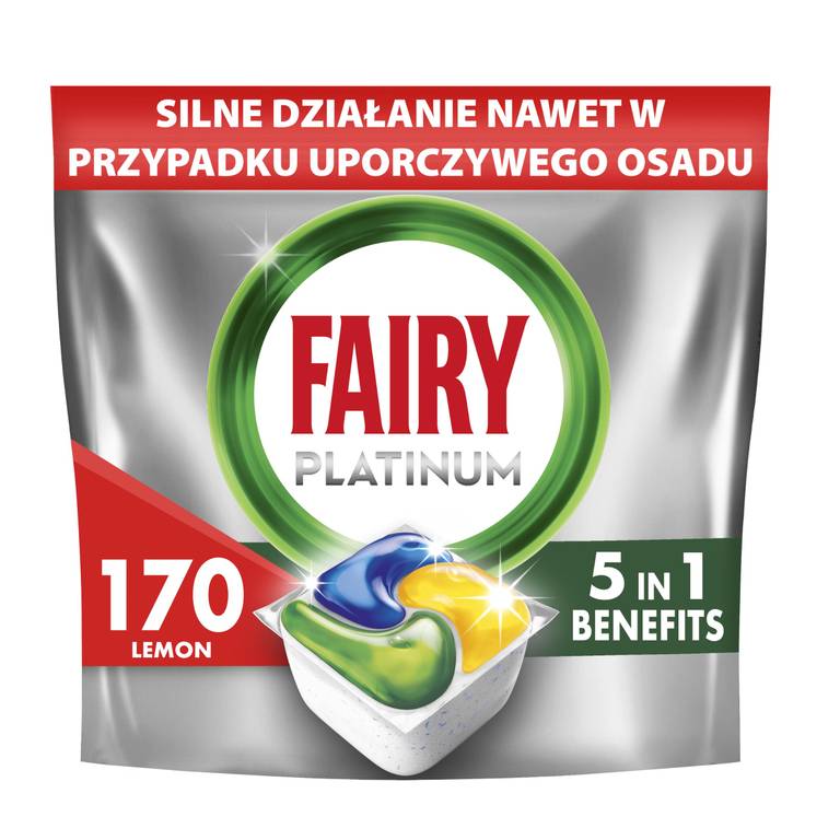 Fairy Platinum Limón 170 Cápsulas (0,16€/ud, antigrasa difícil, brillo en vajilla, limpieza filtro, formato ahorro 26,99€, en Amazon)
