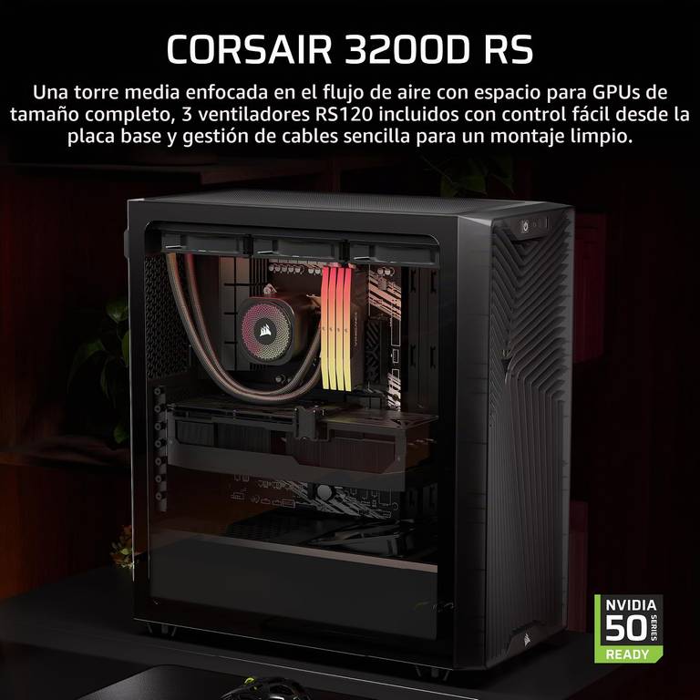 Caja PC Corsair 3200D RS Semitorre Humo (3 ventiladores RS120 PWM, soporte GPU, placas conexión trasera BTF y Project Zero, en Amazon)
