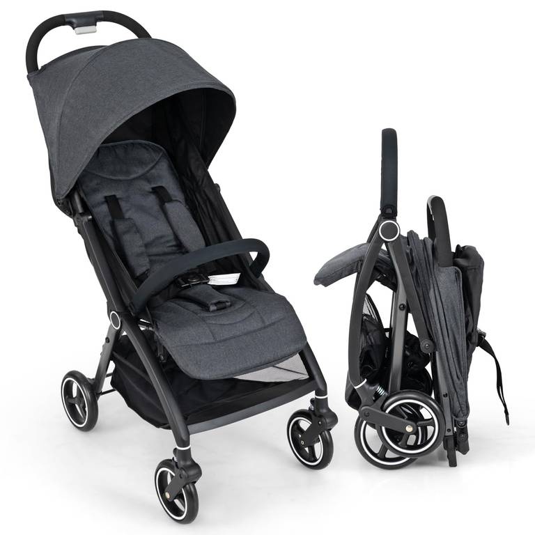 COSTWAY Silla de Paseo Plegable con Respaldo Ajustable, Capota y Arnés de 5 Puntos