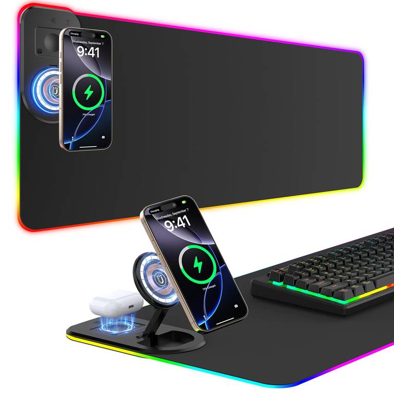 Alfombrilla de ratón RGB para videojuegos de 15 W, Qi, LED, 800 x 350 x 4 mm, 10 modos de iluminación con carga rápida de 10 W