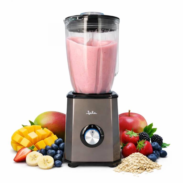JATA – Batidora de vaso 1,5 litros. 2 velocidades + turbo. Cuerpo acero inoxidable. Cuchilla dentada de acero inoxidable. 1500 W/Pica hielo