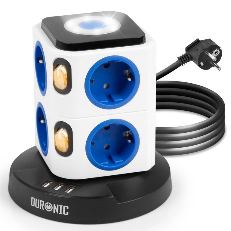 Regleta 8 Tomas y 3 Puertos USB y Luz Nocturna Táctil – Cubo de Enchufe de 8 Tomas 3680 W 16A, Regleta Protección Contra Sobretensión