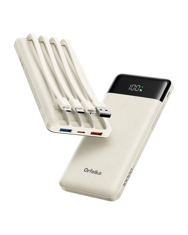 Orfeika Batería externa de 10.000 mAh con 4 cables, pequeña y ligera