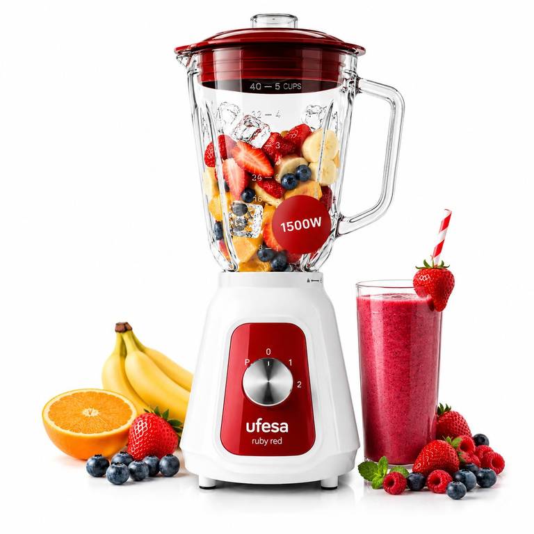 Ufesa BS4717 Ruby Red Batidora de Vaso, 1500W Potencia Max, Jarra de Cristal de 1.5L, 2 Velocidades + Pulse, Cierre Hermético, Pica hielo,
