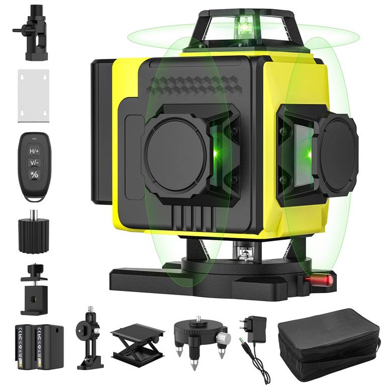 Nivel Láser Autonivelante de 12 Líneas 3D (Luz verde de alta visibilidad, 2 baterías y accesorios)