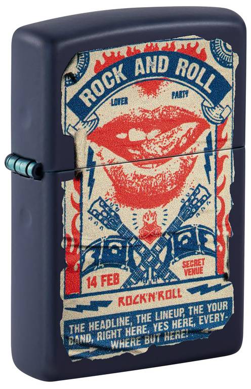 Zippo Encendedor a Prueba de Viento – Rock & Roll Poster – Acabado Azul Marino Mate, Color Image – Recargable – Reutilizable – Diseño a