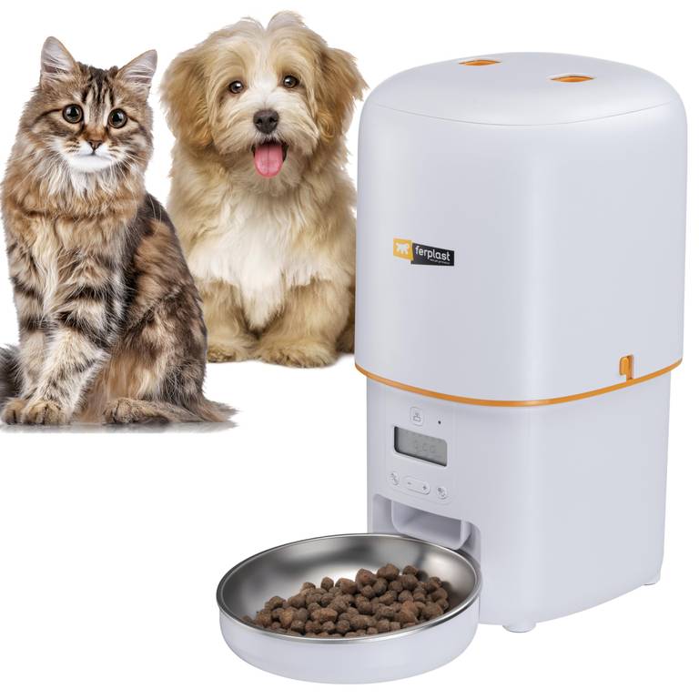 Ferplast Risto Pet Dispensador Automático de Comida para Perros y Gatos, Programable, 4L, Doble Potencia, 6 Comidas al Día | Comedero Acero
