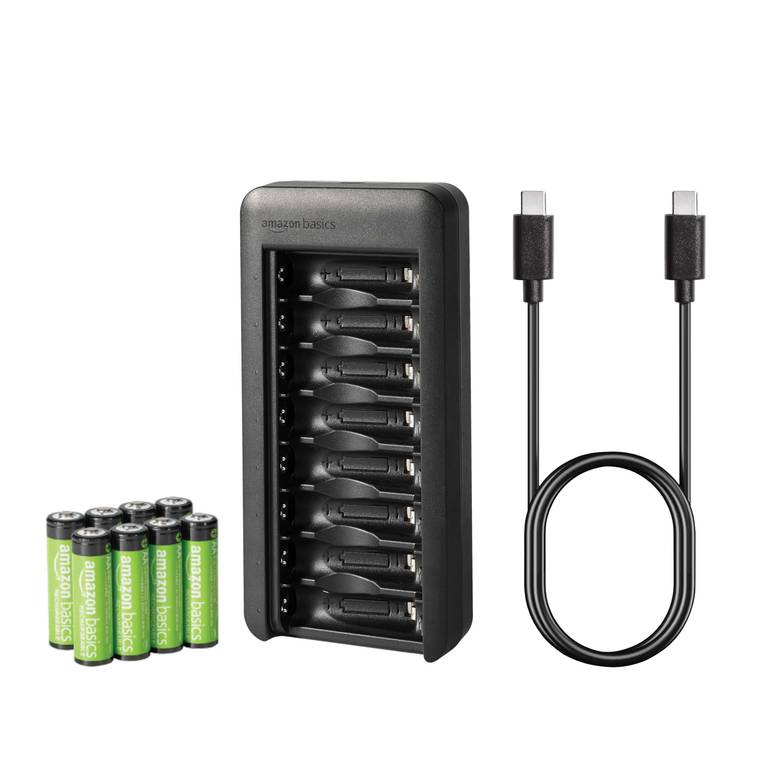 Amazon Basics Paquete de 8 baterías recargables NiMh AA de 2000 mAh con cargador de batería de 8 bahías, sin adaptador de CA, puerto USB C