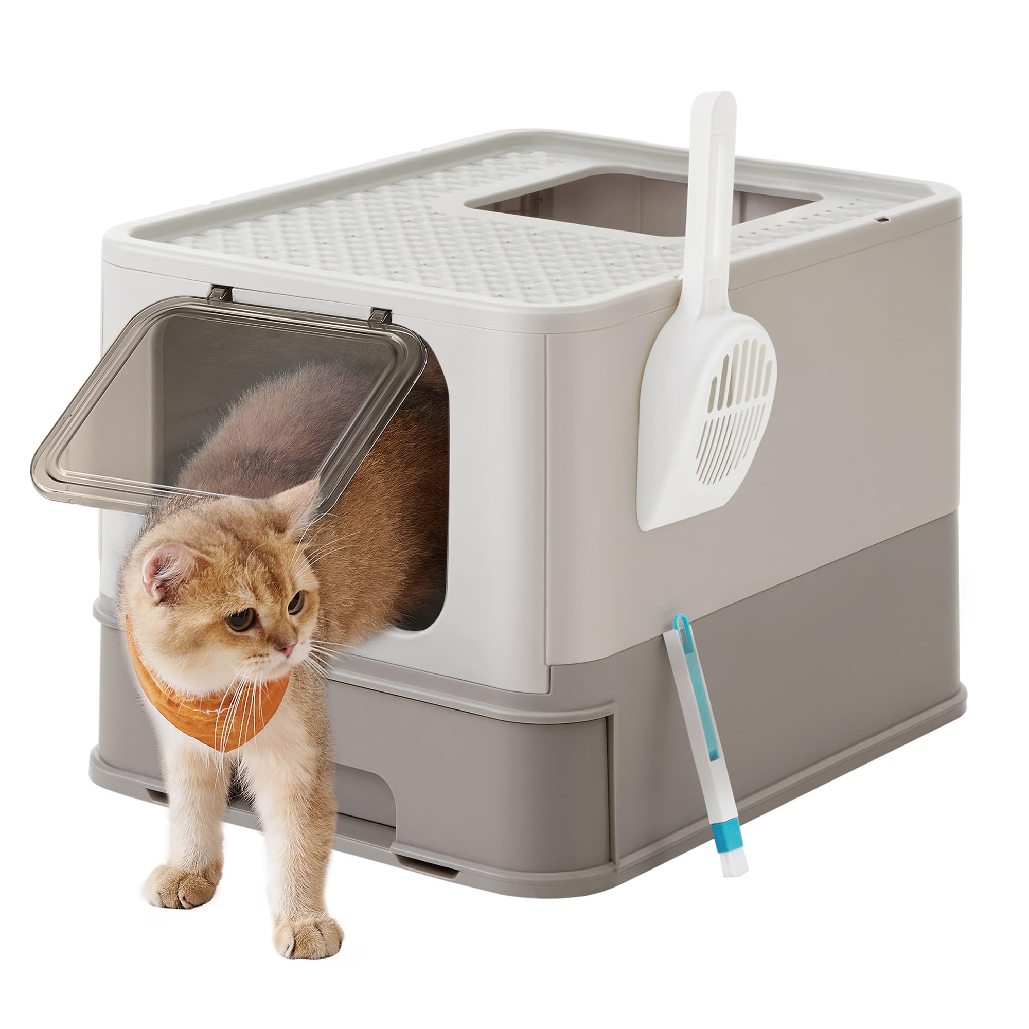 Feandrea Arenero Gato, Bandeja Extraíble, Carga de 15 kg, Pala | Cepillo, Espacioso para Gatos Grandes, Antifiltración, Antiescapes, Marrón Camello y Beige, Colección BOXAL PPT001G01