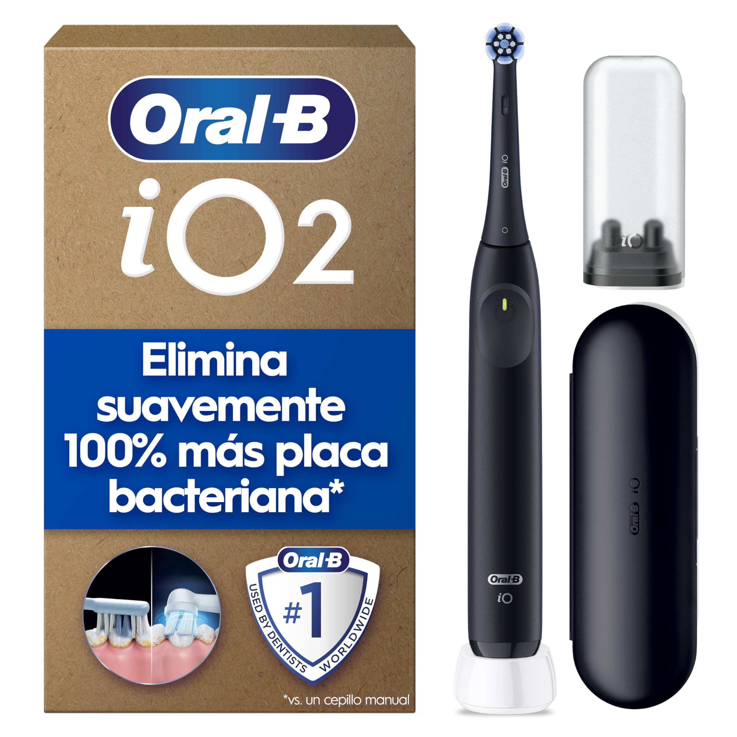 Oral-B iO 2 Cepillo de Dientes Eléctrico con 1 Cabezal, Negro Noche | Cepillo Dental Suave con Encías, 3 Modos de Cepillado, Sensor de Presión, Temporizador, Estuche de Viaje, Embalaje de Cartón