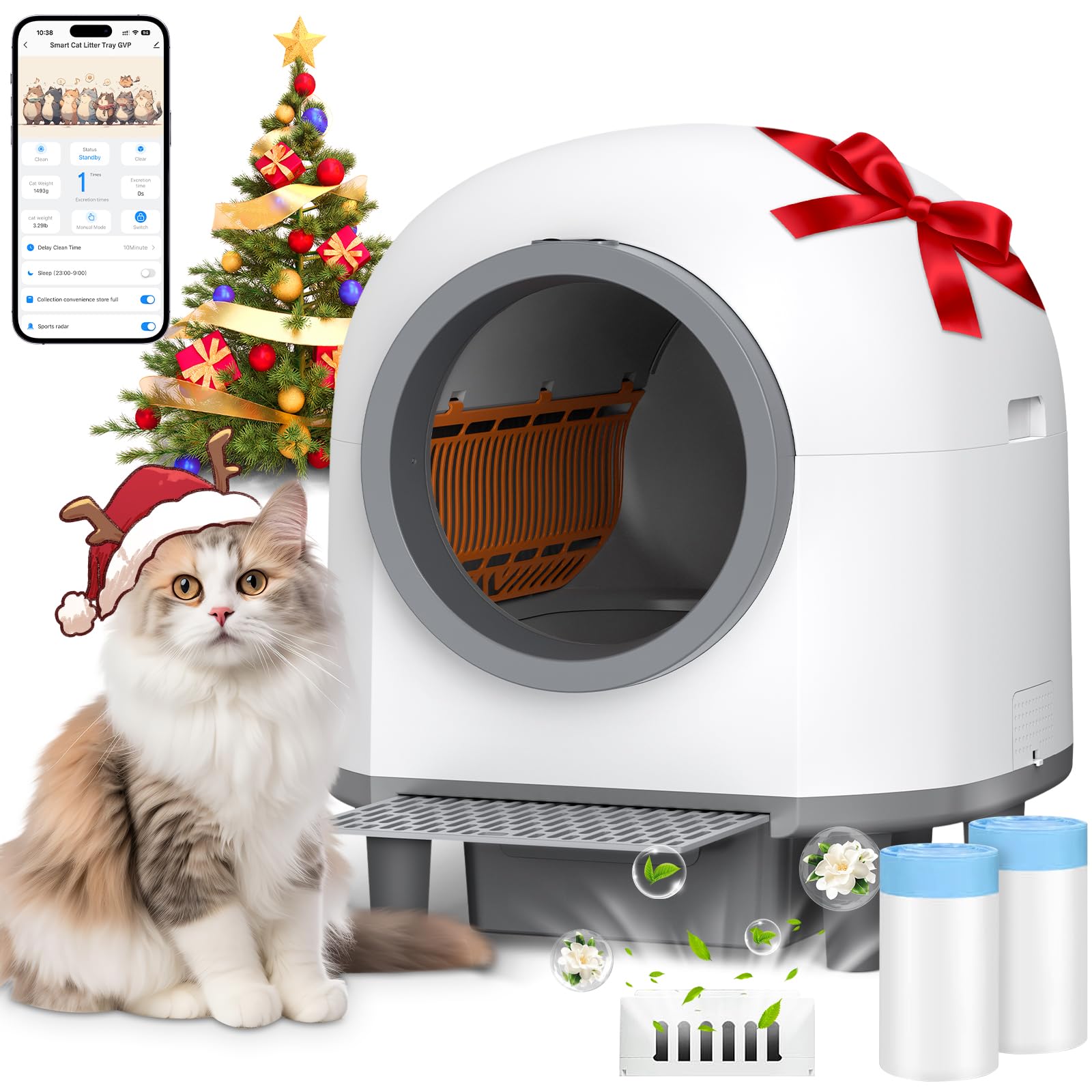 RWSRW Arenero Gatos Autolimpiable, 80L Arenero Autolimpiable para Gatos Silenciosa Caja de Arena Automática Integrada Segura XXL WC Arenero Automatico Inodoro Sistema de Parada de Seguridad (Blanco)