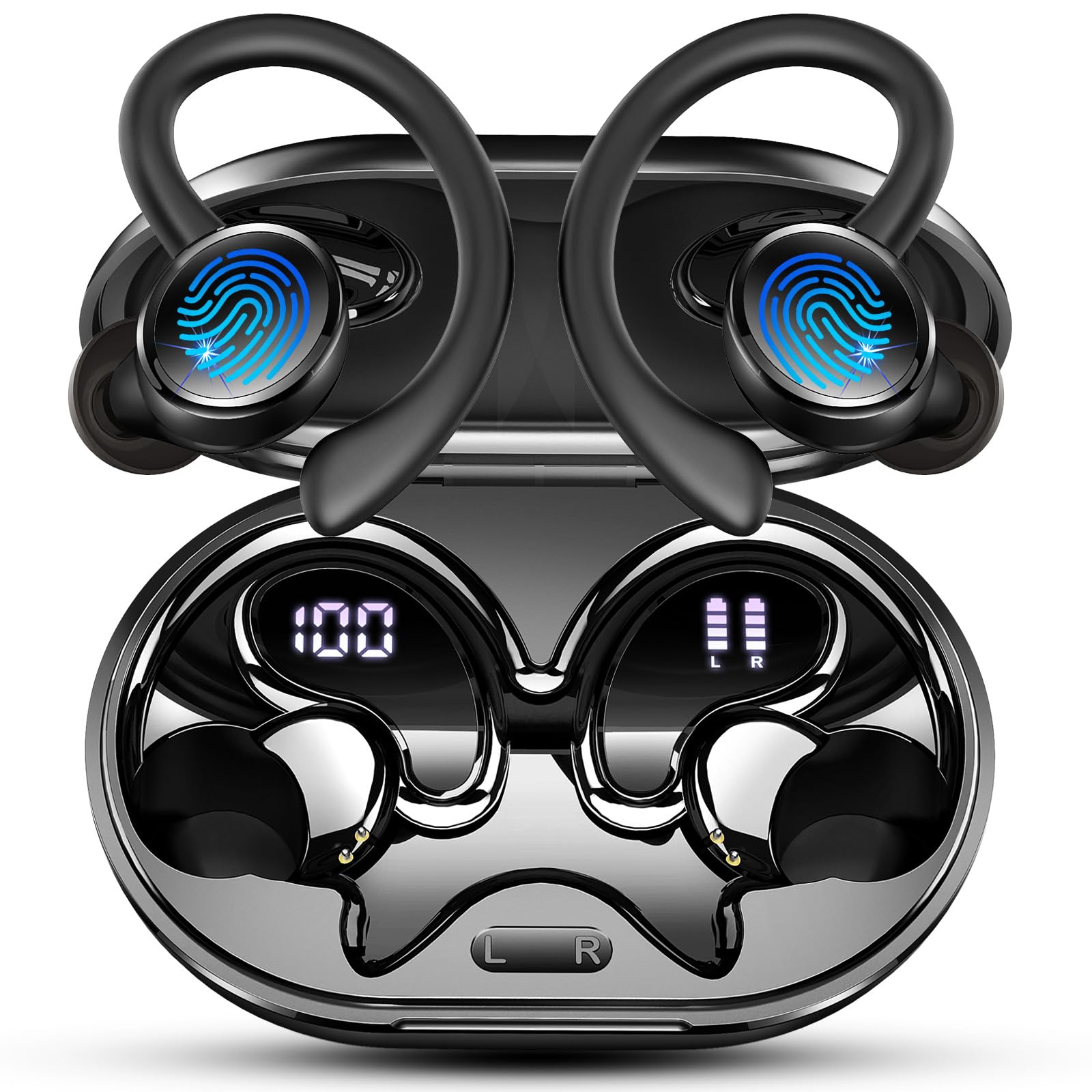 Auriculares Inalambricos Deportivos, Auriculares Bluetooth 5.4 HiFi Estéreo con 4 HD Mic, 60H Cascos Inalambricos Bluetooth con Cancelacion Ruido ENC, IP7 Impermeable Cascos, Pantalla LED/Control App