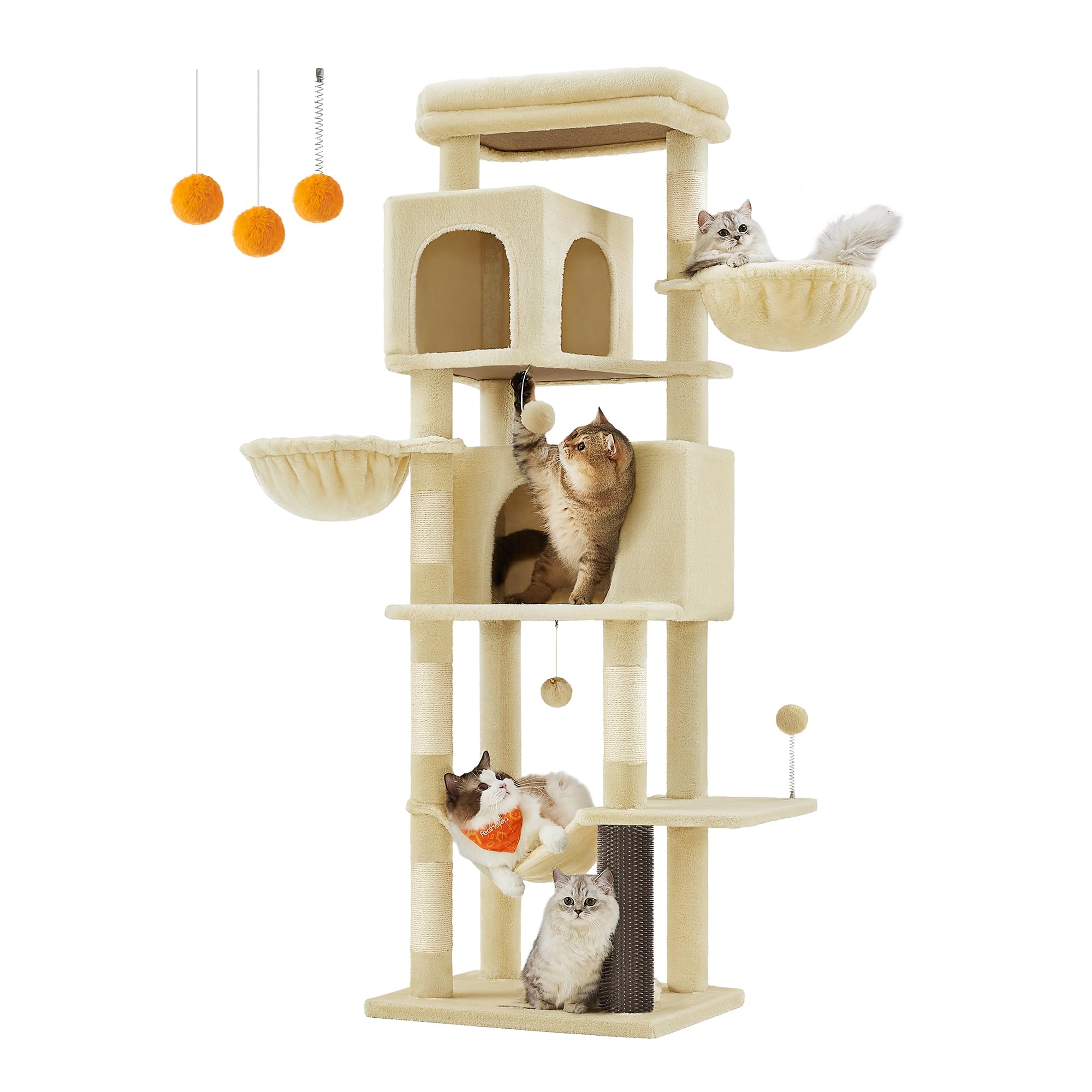 Feandrea Árbol para Gatos, 174 cm, Multinivel, 2 Cuevas, Beige Arena | 2 Cestas, 5 Rascadores, Cepillo de auto-aseo, Plataforma, Hamaca, Beige Arena, Colección CLAWFY PCT182Y01