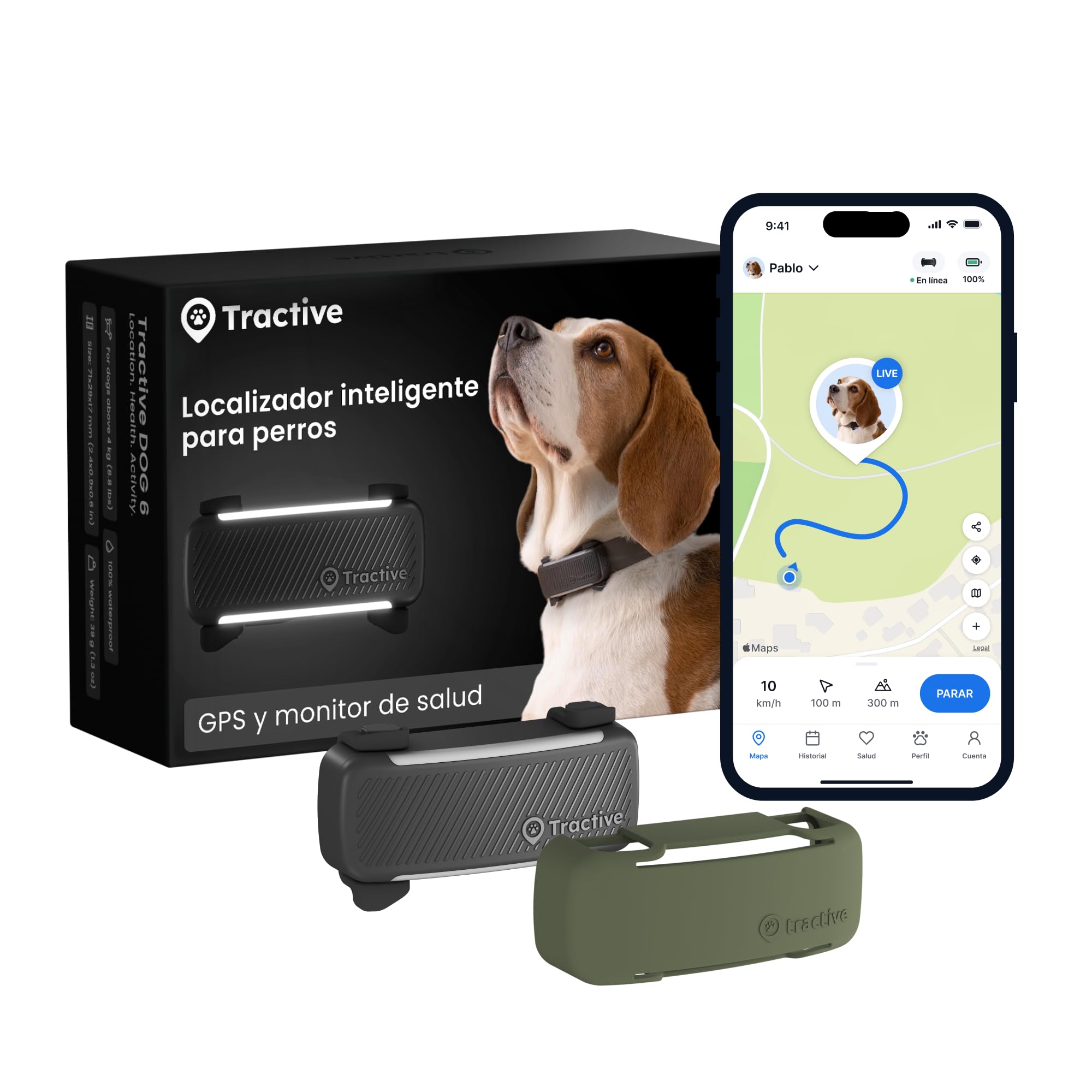 Tractive GPS para Perros Inteligente – Bundle con Funda Verde Oliva | 2025 Edición | Localización GPS en Tiempo Real | Alertas Antifuga y Avisos de Salud | Monitor de Constantes Vitales (Negro)
