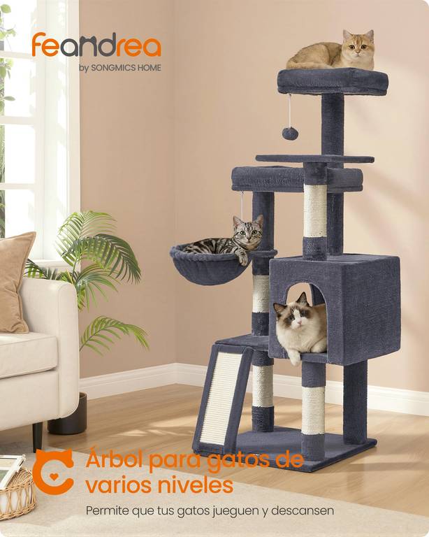 Feandrea Árbol para Gatos, Torre con Postes, 3 Plataformas, Gris Oscuro Rascador de Gatos, Rampa, 1 Cueva, 1 Hamaca,2 Pompones,Altura 136cm,