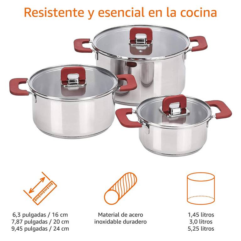 Amazon Basics Juego de Ollas de Inducción de Acero Inoxidable, 3 Unidad, 16/20/24 cm