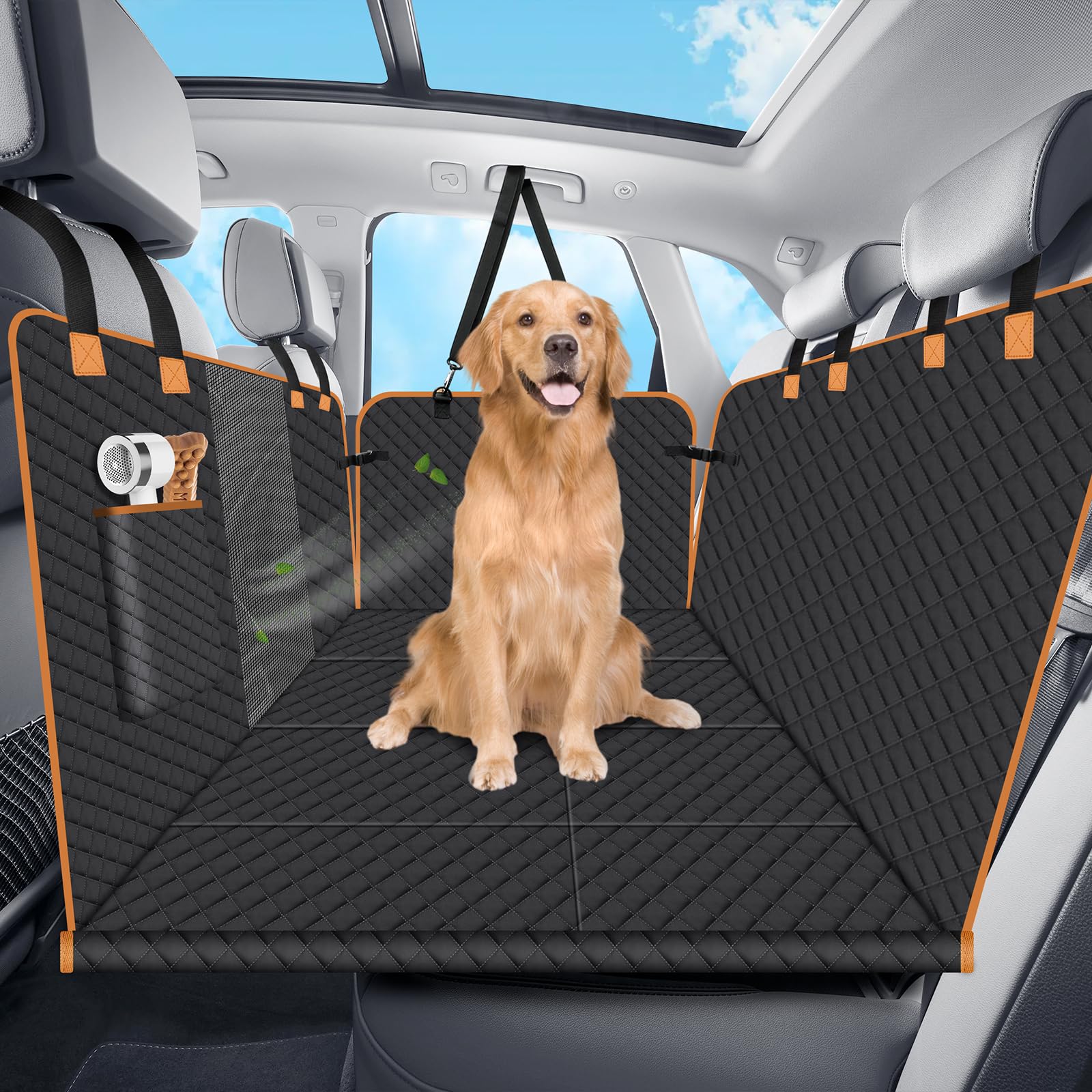 Lekespring Funda Asiento Coche Perro,Funda Coche Perro Impermeable 3 en 1 | con 4 Bases de Madera Reforzada,Antideslizante, Antiarañazos, para SUV/Sedán/Camionetas (L, Negro)