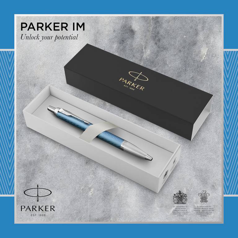 Parker IM bolígrafo. Lacado en azul-gris Premium con adornos cromados. Estuche de regalo.