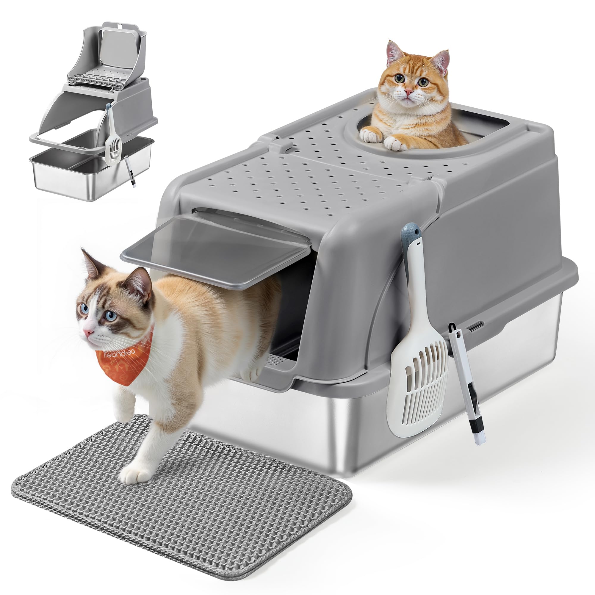Feandrea Arena Gato, Inoxidable para Gatos con Tapa Abatible, Gris Paloma | Arenero XL, a Prueba de Fugas, Cuchara, Alfombrilla, Doble Entrada, Carga de Encimera de 15 kg, Colección BOXAL PPT005G01