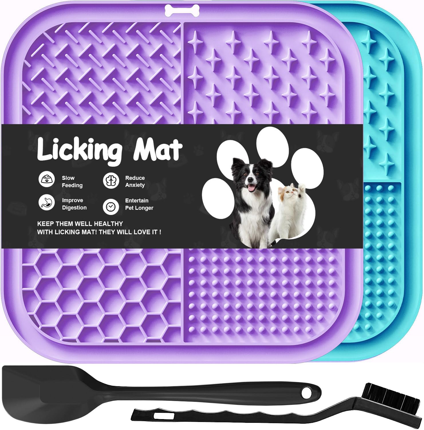 Azyh 2 Alfombrillas para Lamer Perros y Gatos con Ventosas 20X20cm, Alimentador Lento para Aliviar la Ansiedad, Juguetes, Tapete de Alimentación para Mantequilla, Yogur, Maní