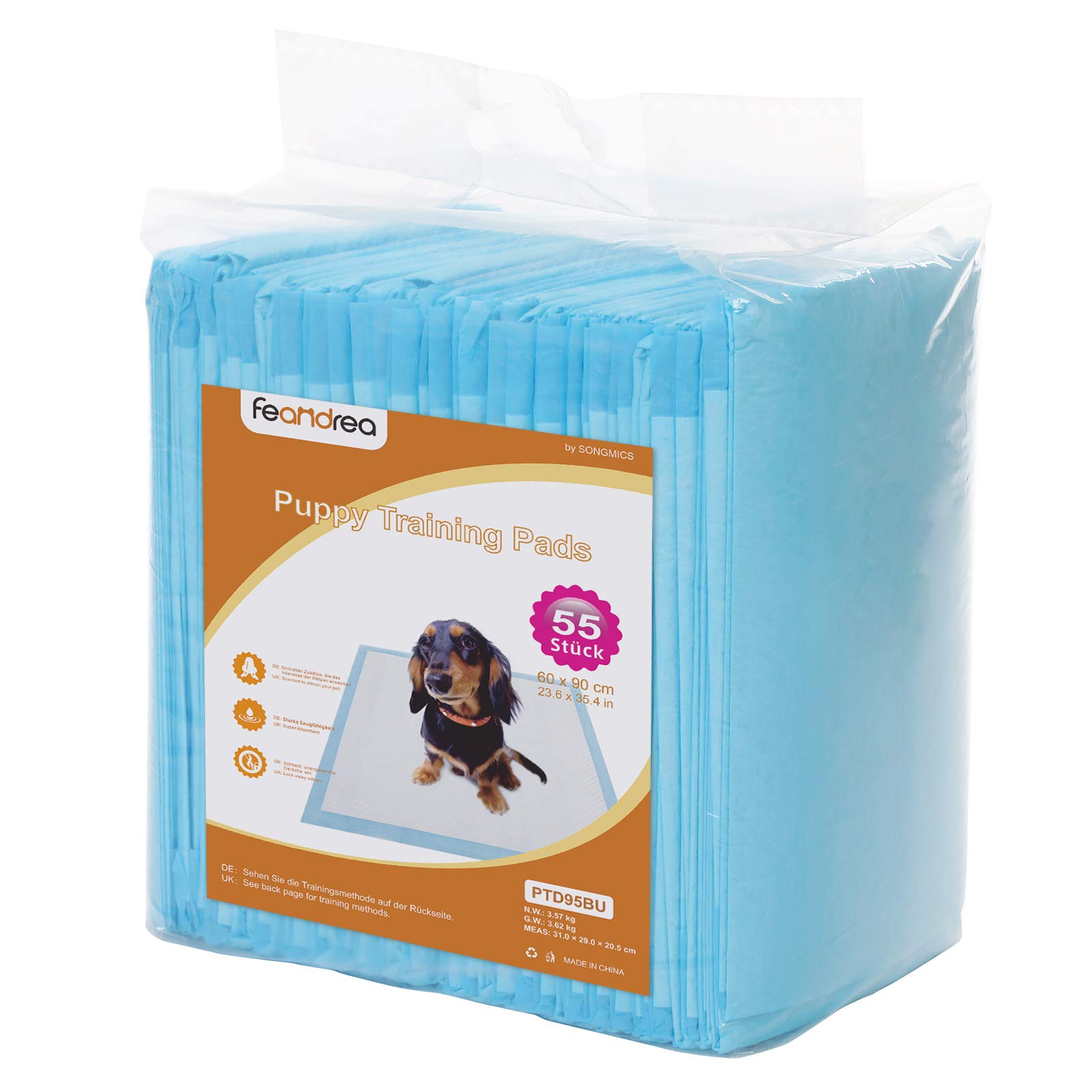 Feandrea 55 Almohadillas para Perros, 5 Capas a Prueba de Fugas, 90 x 60 cm | Superficie de Secado Rápido, Transpirables, Azul y Blanco, Colección ISLAND PTD95BU