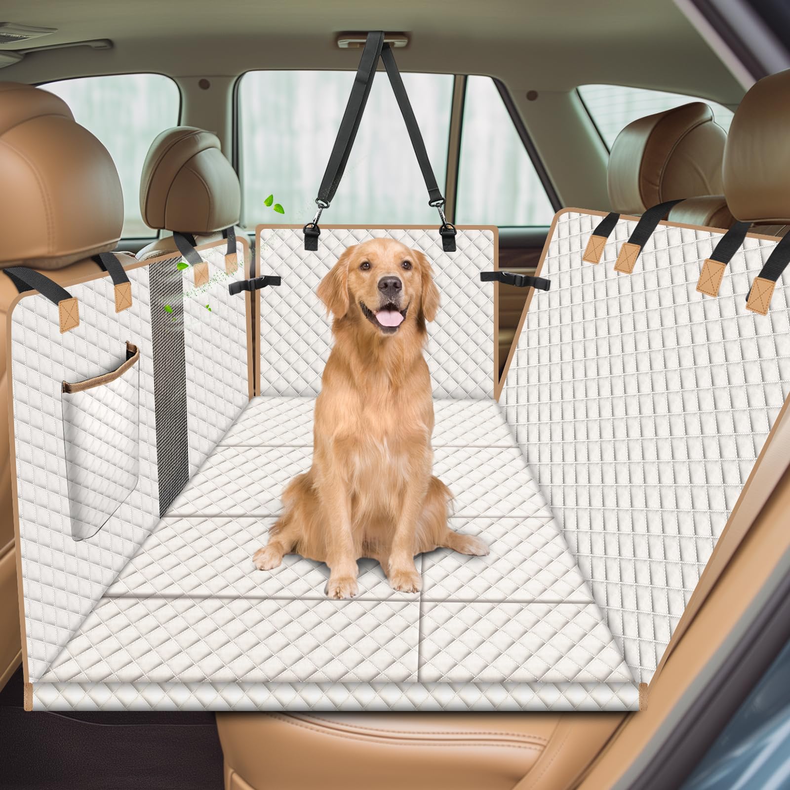 Lekespring Funda Asiento Coche Perro,Funda Coche Perro Impermeable 3 en 1 | con 4 Bases de Madera Reforzada,Antideslizante, Antiarañazos, para SUV/Sedán/Camionetas (L, Beige)