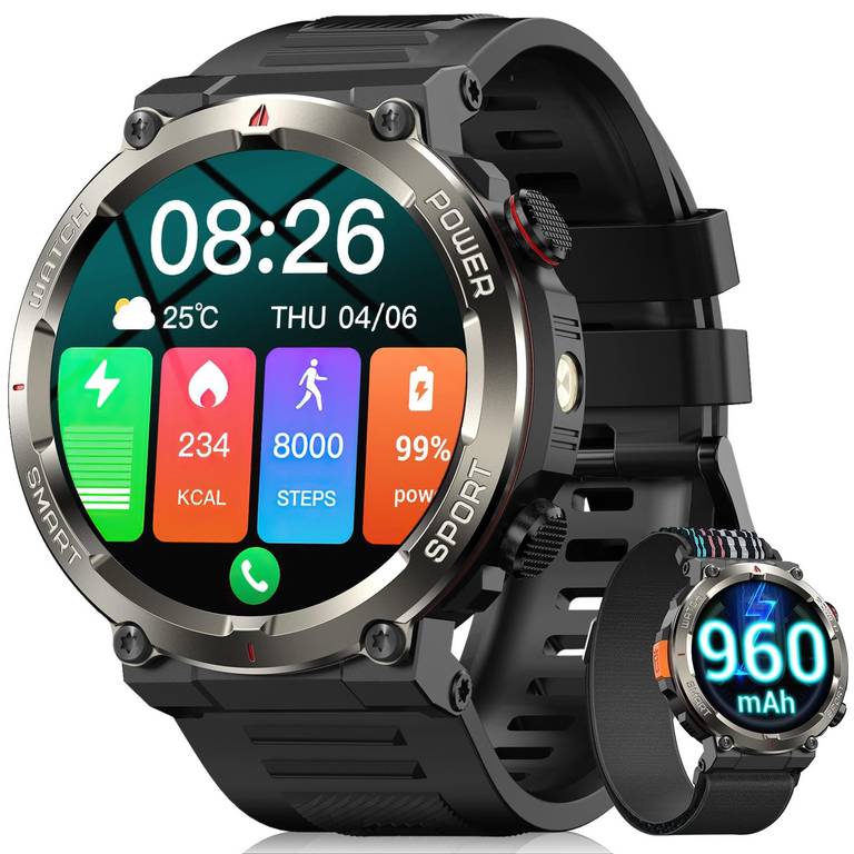 Reloj Inteligente Hombre IOWODO con Llamadas con Linterna y Brújula, 960mAh Batería 1.45″