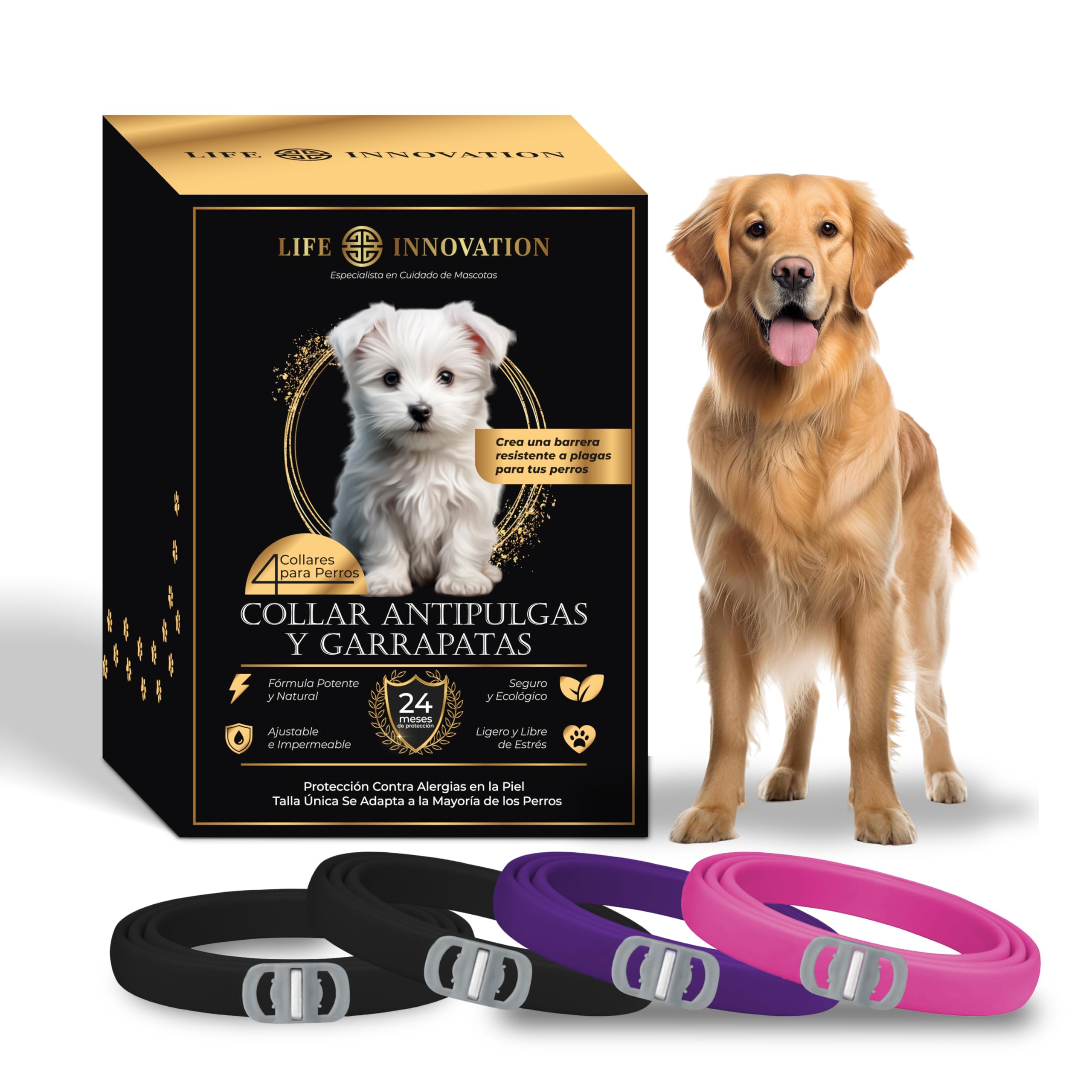 Pack 4 Collares Antiparasitarios para Perros, 24 Meses de Protección contra Pulgas, Garrapatas y Mosquitos – 100% Natural, Impermeable, Ajustable, para Todos los Tamaños.