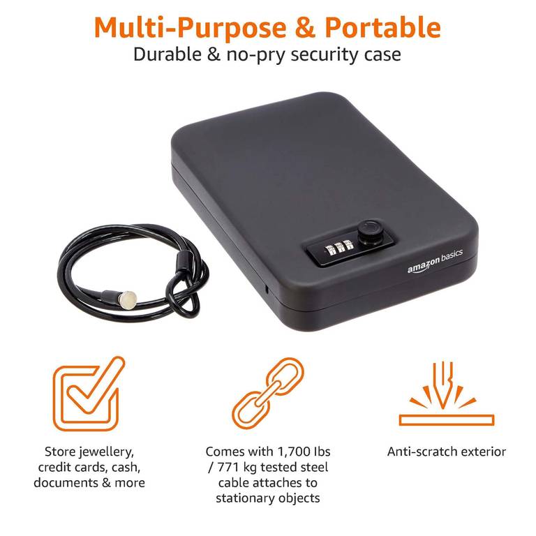 Amazon Basics Caja de seguridad portátil con cerradura de combinación para documentos y joyas, XL, color negro + Cable de fijación