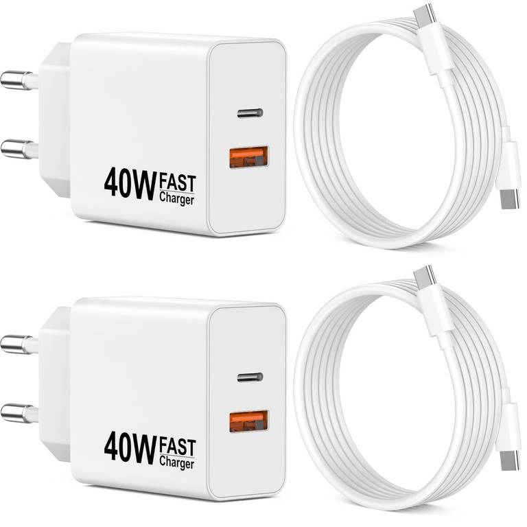 2 Cargadores USB C de 2 unidades, USB-C de 40 W, tipo C PD+QC, doble enchufe de pared, cargador rápido para iPhone y Android