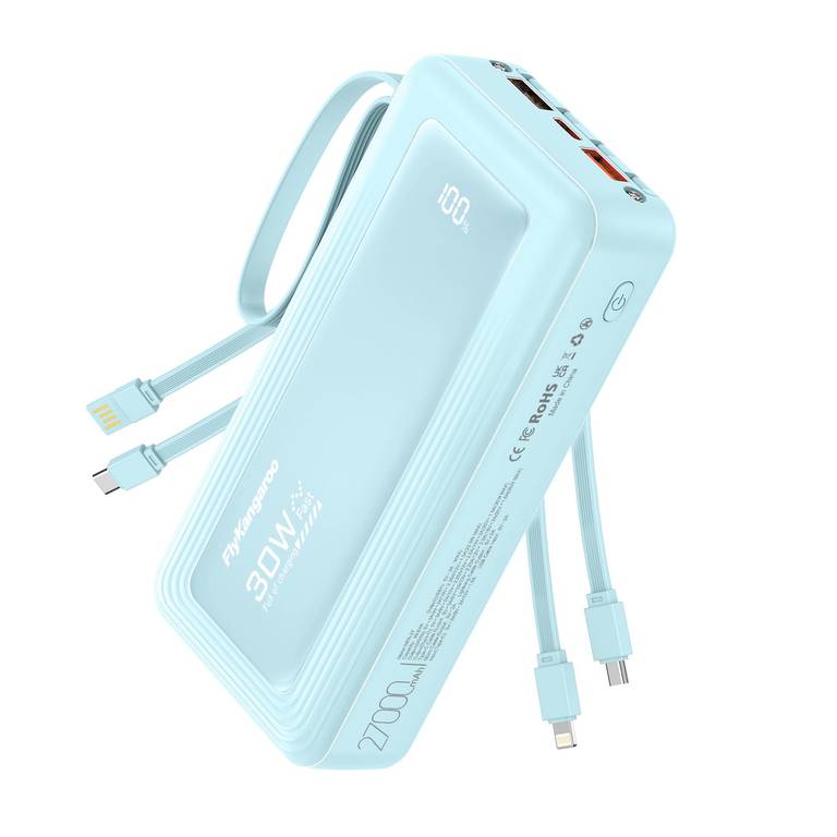 Powerbank 27000mAh con 4 cables integrados, 30 W, USB C, función de carga rápida y lez Led (en azul oscuro por 35,73€)