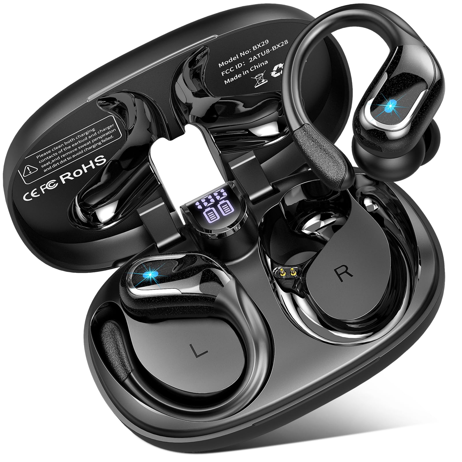 Auriculare Inalámbricos Deportivos, 75H Cascos Bluetooth 5.4 HiFi Estéreo | Cancelacion Ruido ENC Mic, IPX7 Impermeable, Cascos Inalámbricos con Pantalla LED, Auriculares in Ear para Correr Running