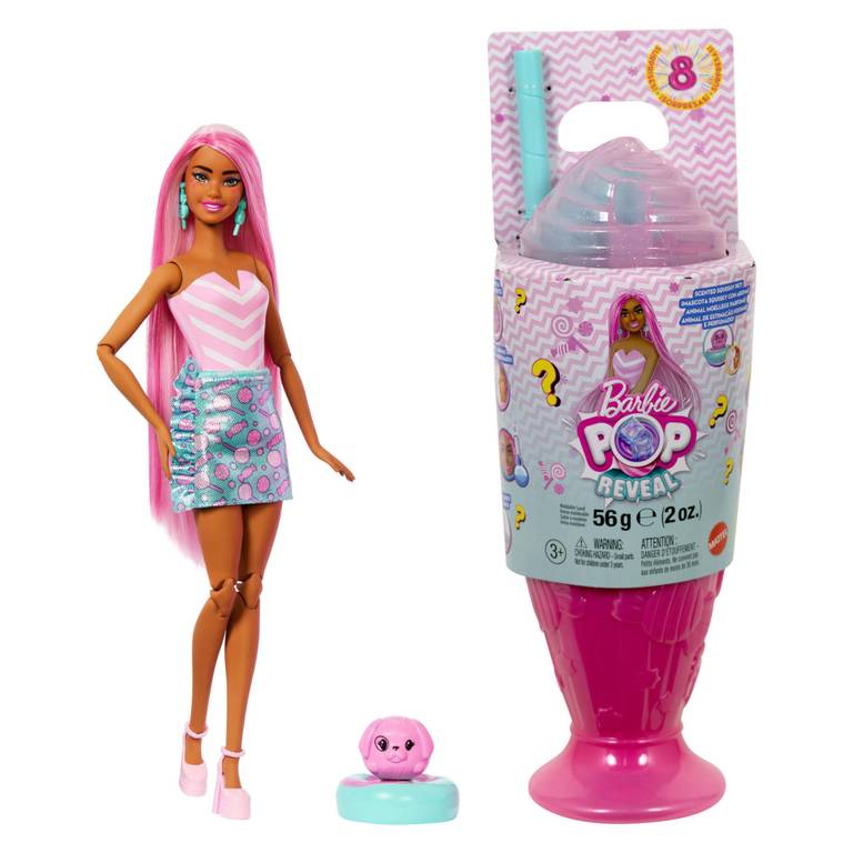 Barbie Muñeca Pop Reveal con accesorios, Serie Treat Tema Sweet Swirl con mascota; 8 sorpresas, incluido cambio de color