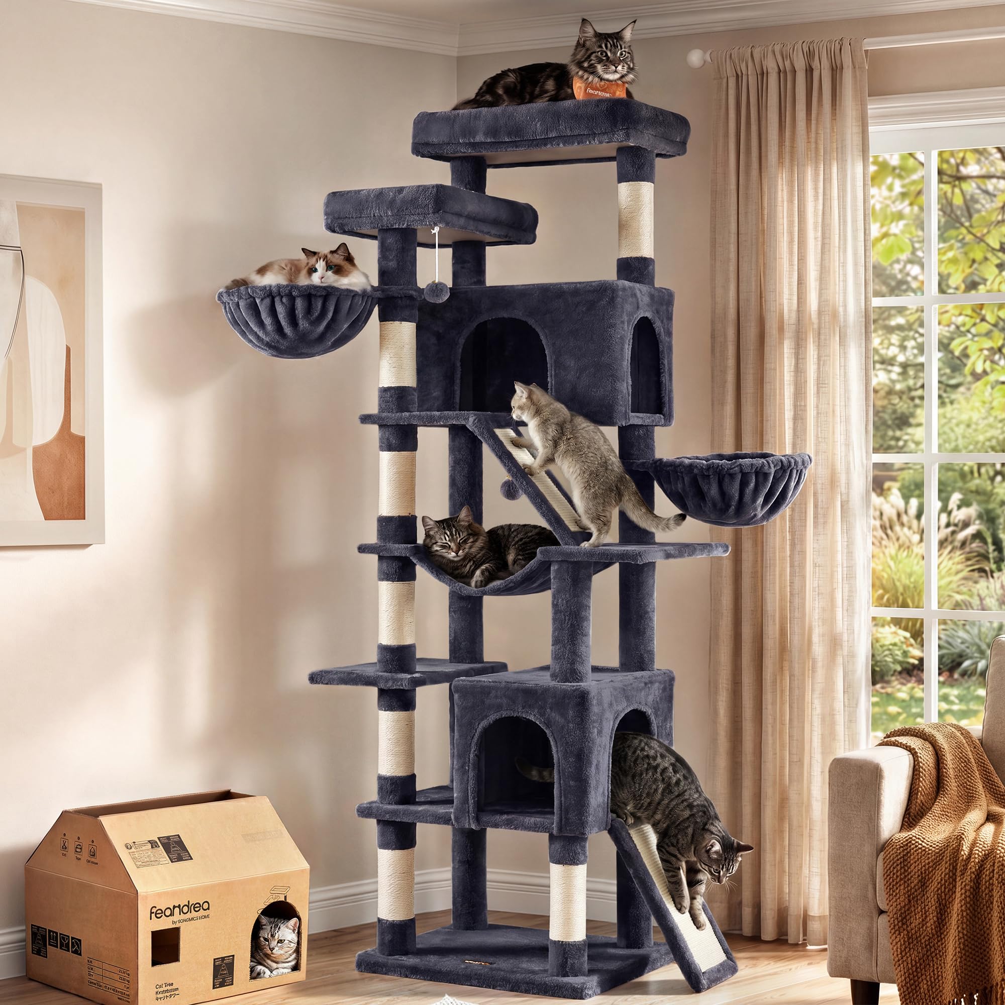 Feandrea Árbol para Gatos de 206 cm, Rascador Grande, Gran Carga | Torre para Gatos, con Postes y Paneles Rascadores, Revestimiento de Felpa, Gris Oscuro, Colección CLAWFY PCT021G201