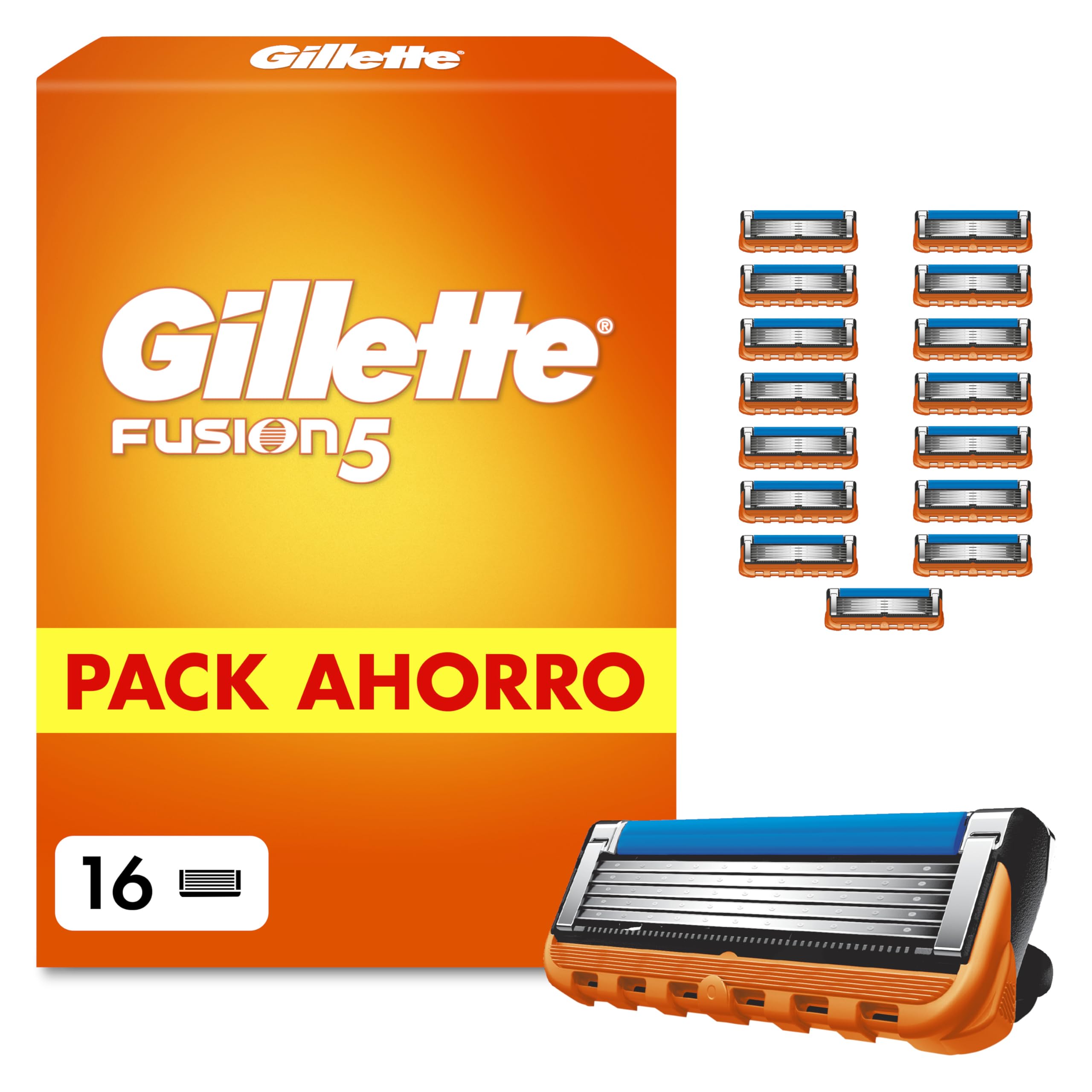Gillette Fusion5 Cuchillas de Afeitar Hombre, Pack de 16 | Recambios para Maquinillas de Afeitar con 5 Hojas, Banda de Gel Lubricante Y Recortadora de Precisión