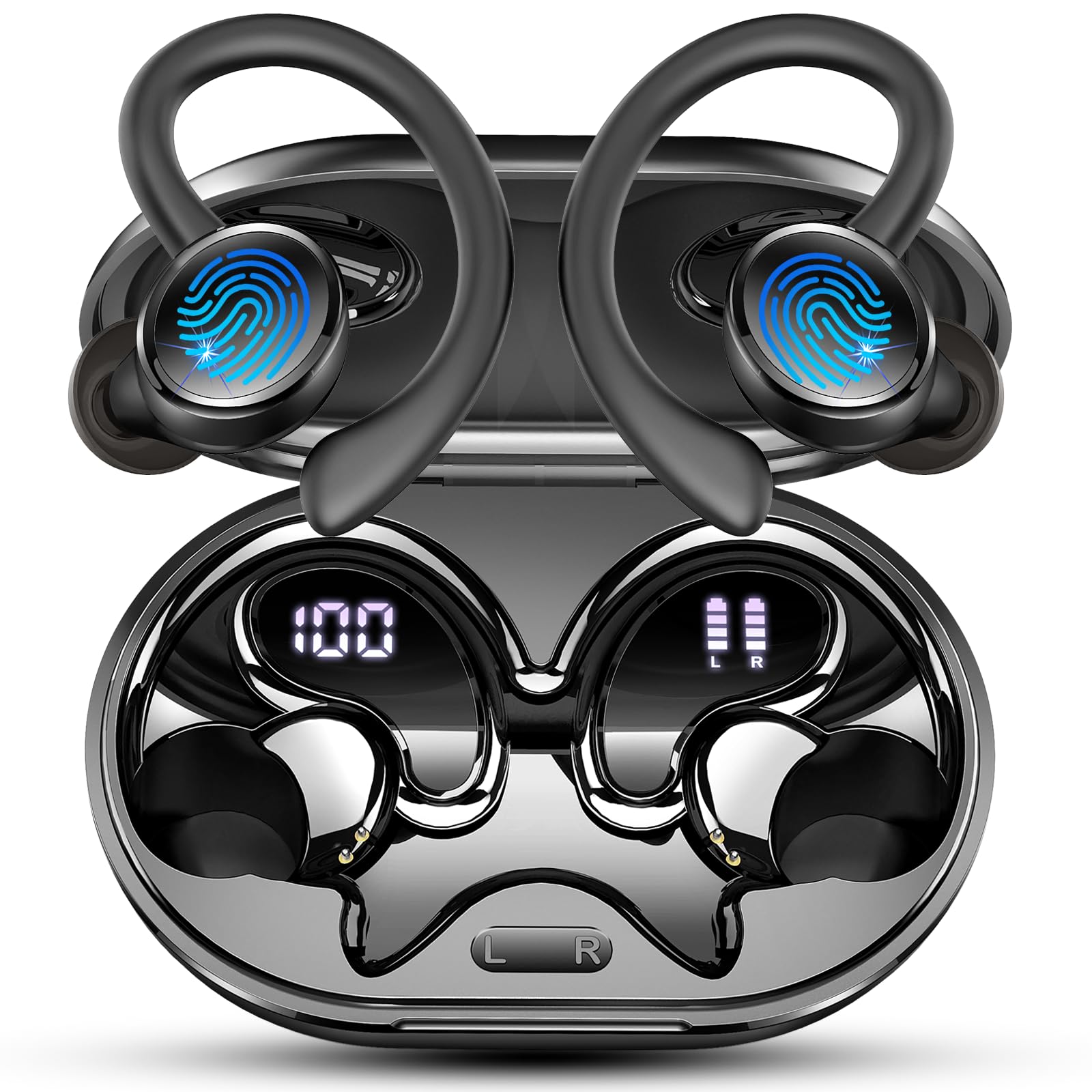 Auriculares Inalambricos Deportivos, Auriculares Bluetooth 5.4 HiFi Estéreo con 4 HD Mic, 60H Cascos Inalambricos Bluetooth con Cancelacion Ruido ENC, Control App/Pantalla LED, IP7 Impermeable Cascos