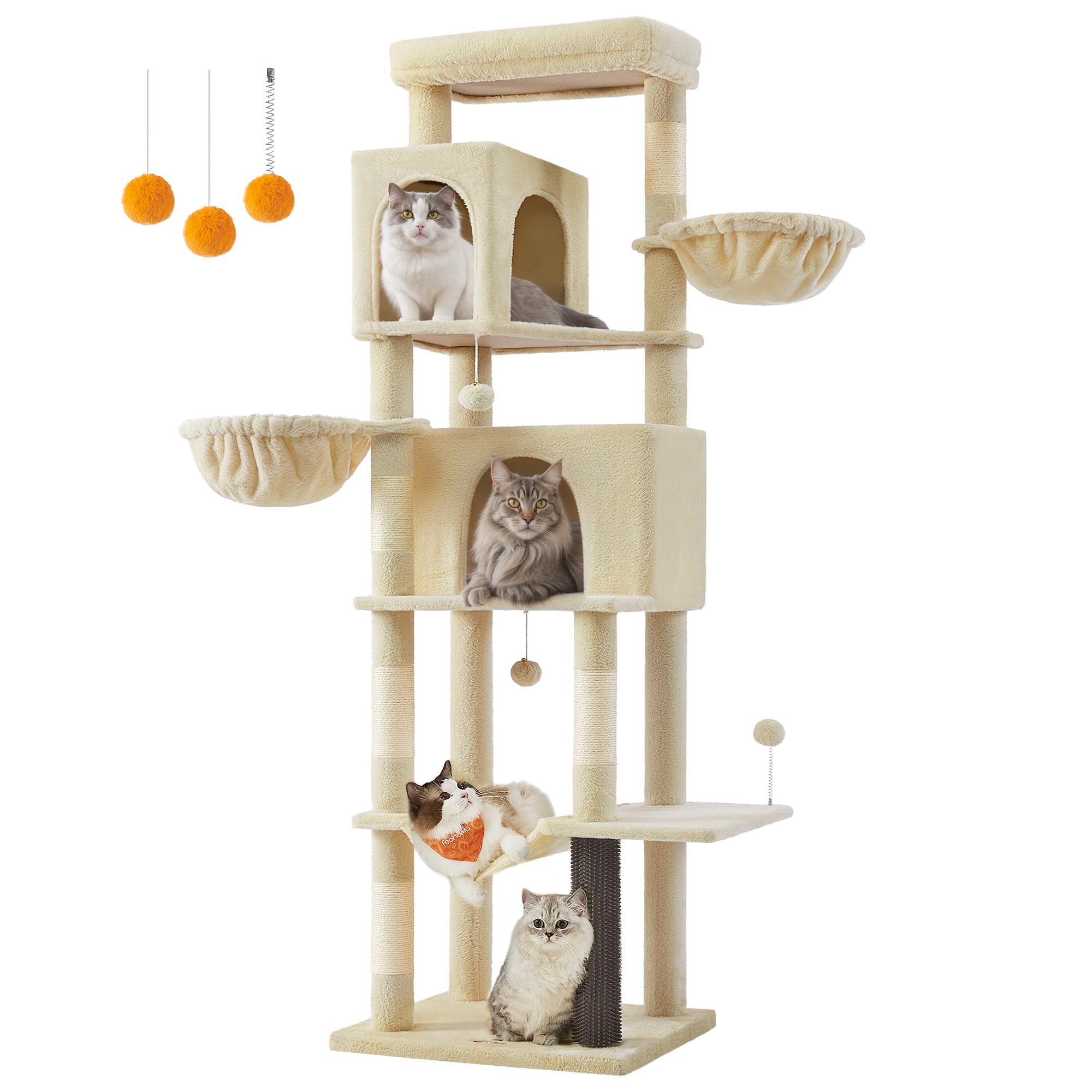 Feandrea Árbol para Gatos, 190 cm, Multinivel, 2 Cuevas, Beige Arena | 2 Cestas, 5 Rascadores, Cepillo de auto-aseo, Plataforma, Hamaca, Beige Arena, Colección CLAWFY PCT183Y01