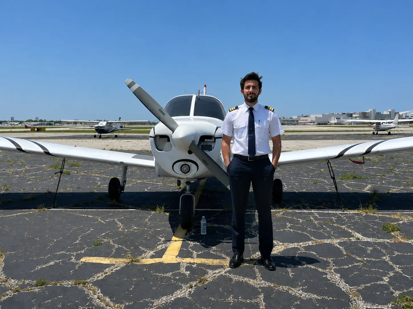 TFA pilot standing with a training aircraft on the flight line