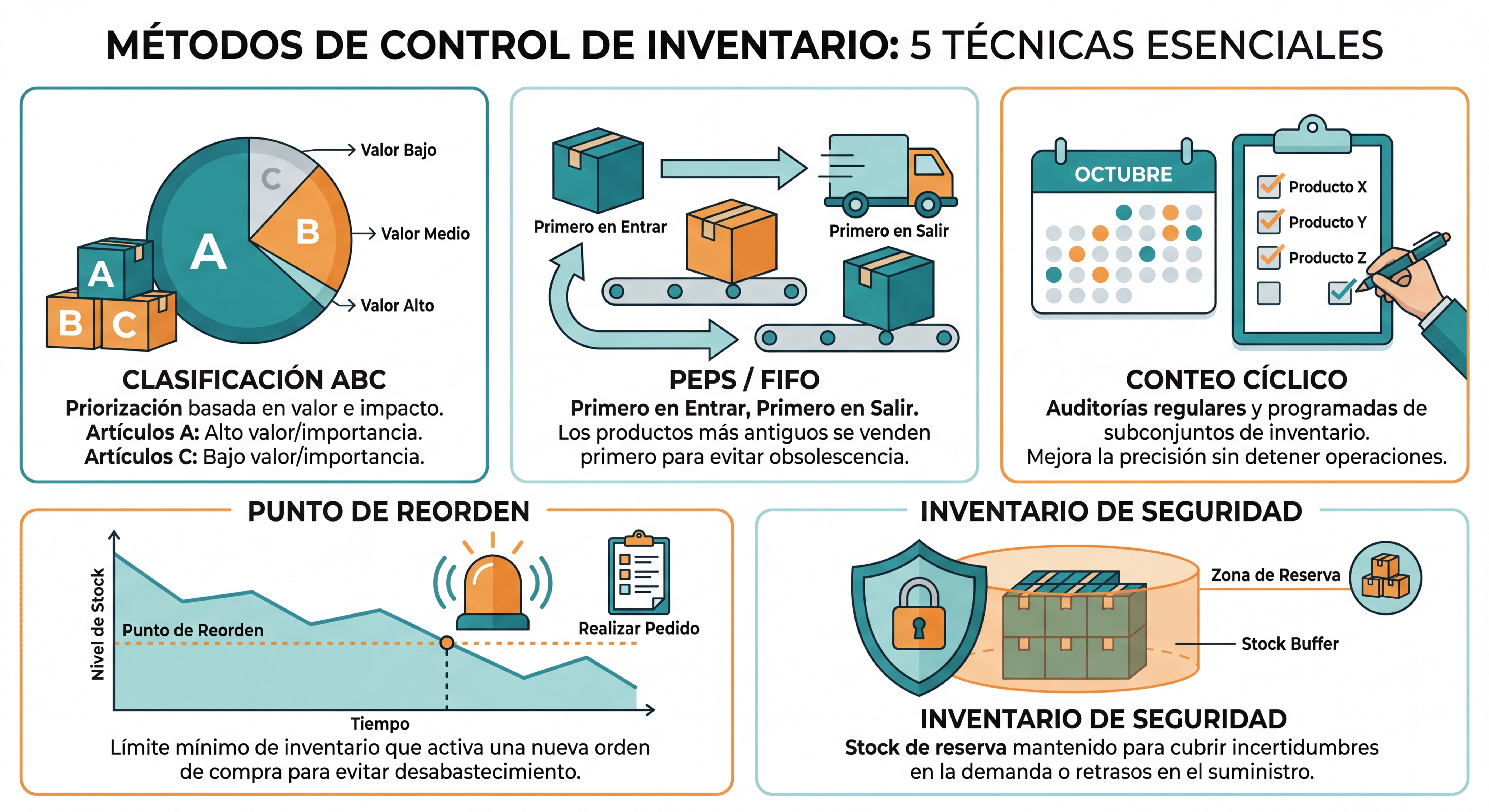 5 métodos de control de inventario: Clasificación ABC, PEPS/FIFO, Conteo Cíclico, Punto de Reorden e Inventario de Seguridad