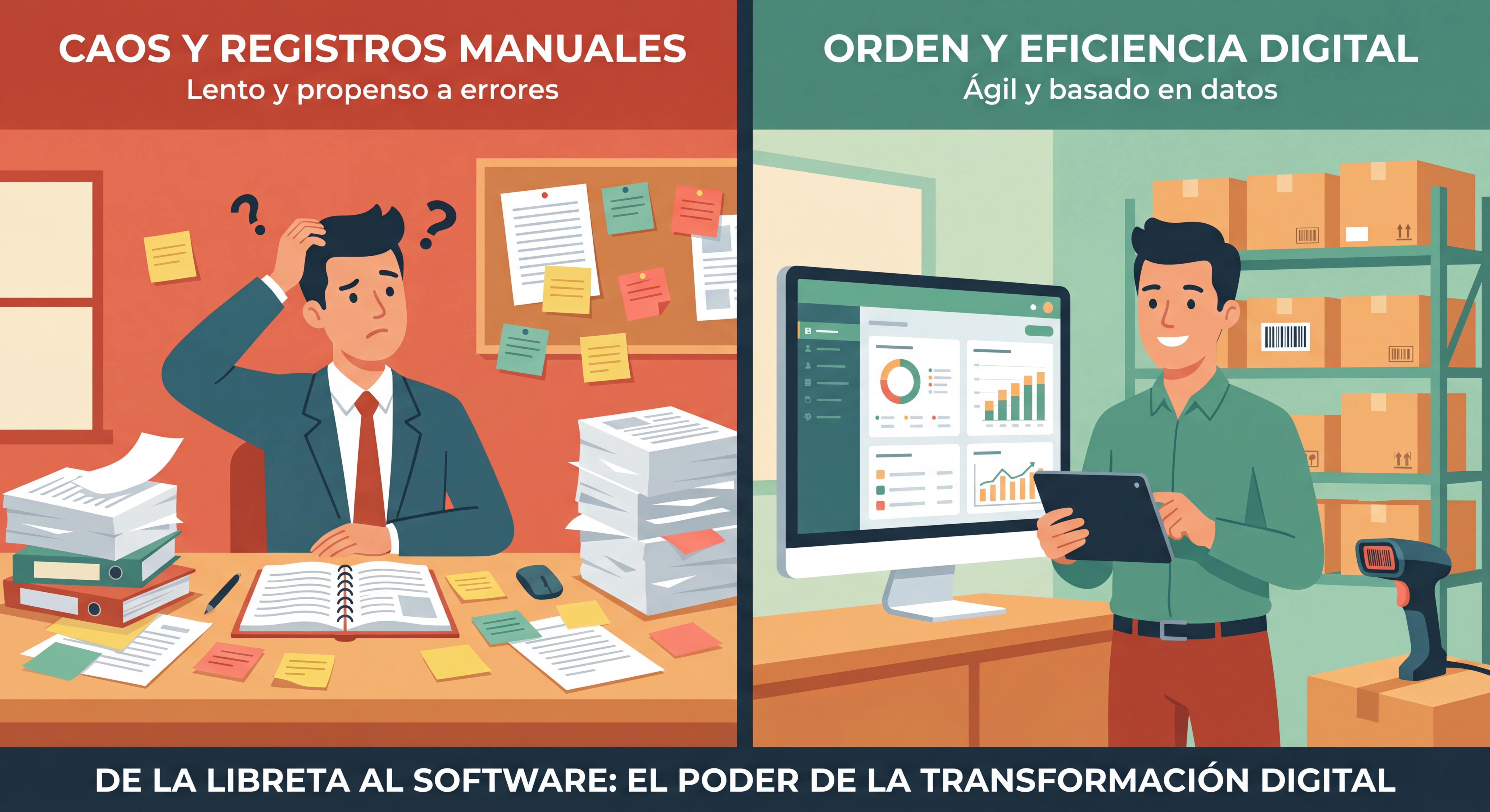 Comparación entre gestión manual con registros en papel y gestión digital con software de inventario