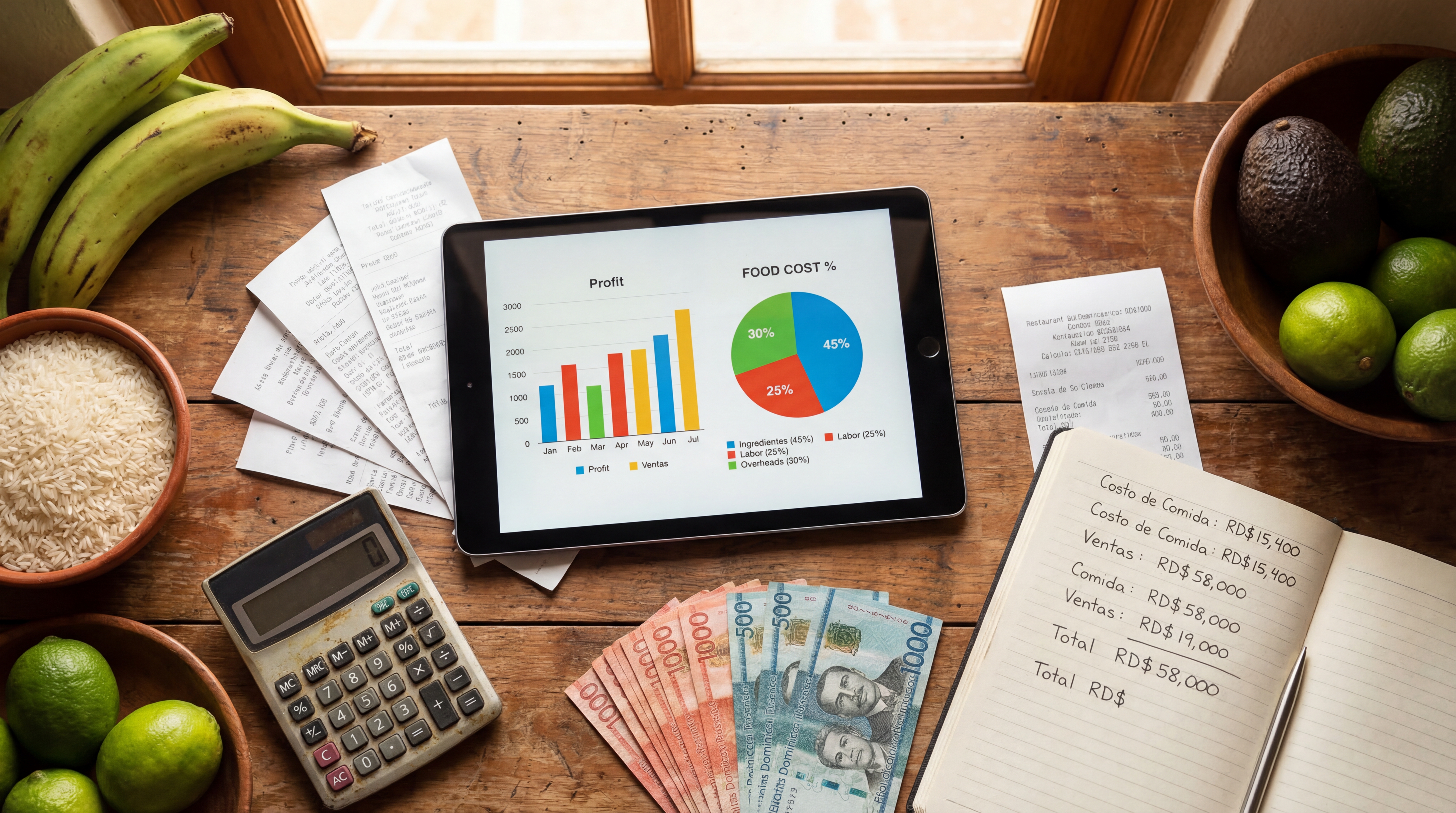 Escritorio de gerente de restaurante dominicano con tablet mostrando gráficos de costos, calculadora, billetes de pesos dominicanos e ingredientes caribeños