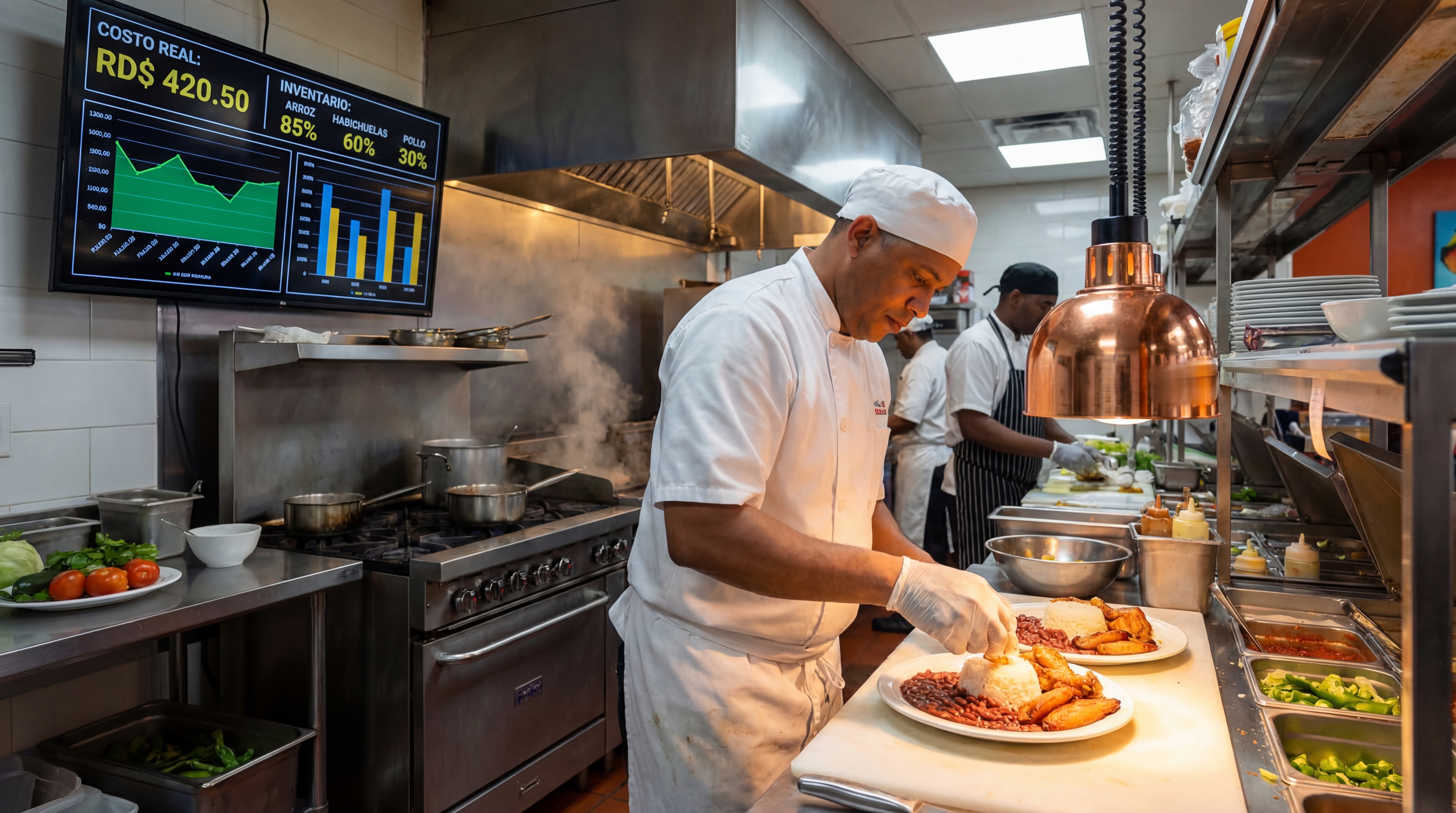 Cocina profesional de restaurante dominicano con chef emplatando La Bandera mientras una pantalla muestra métricas de costos en tiempo real