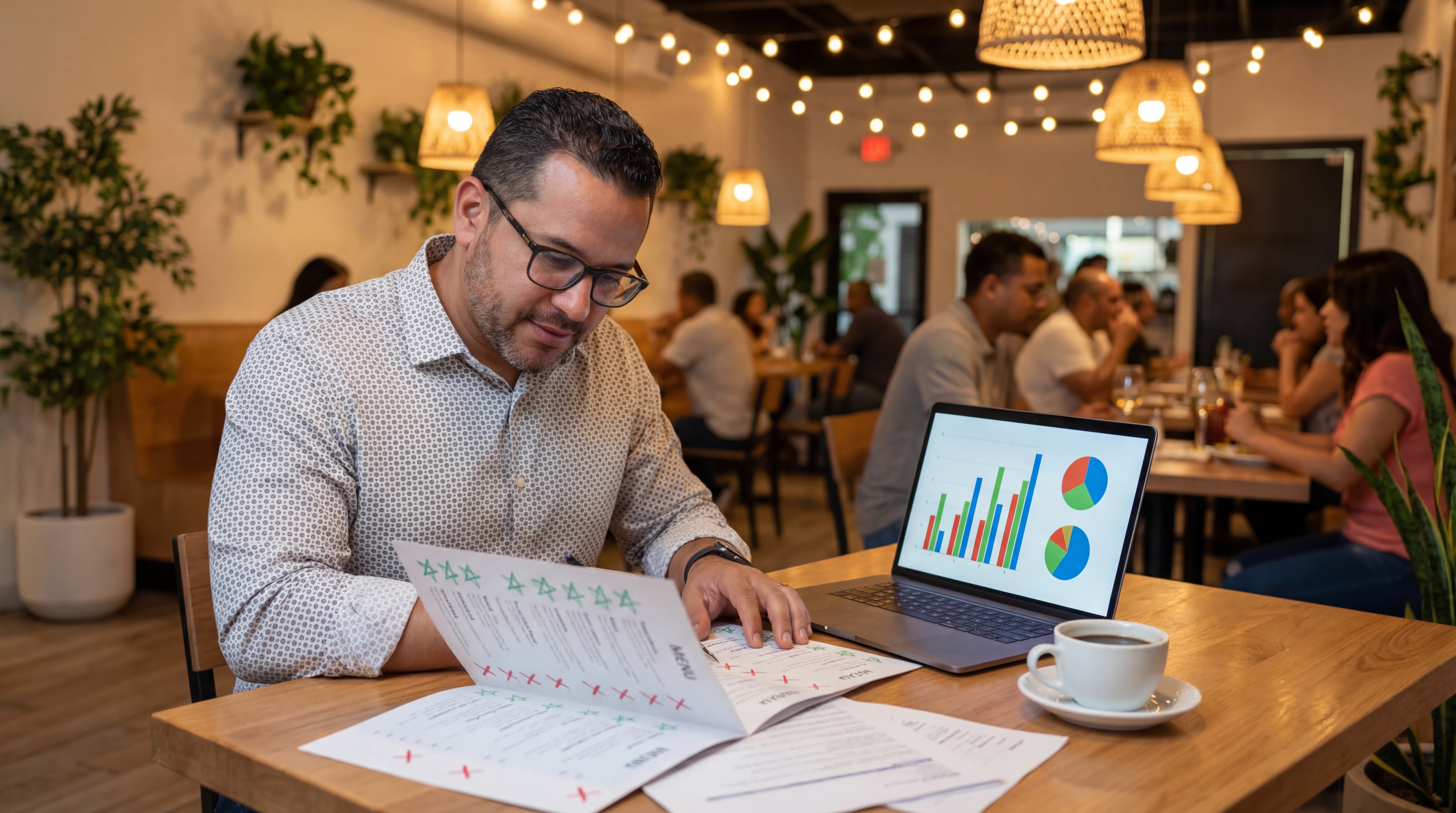 Gerente de restaurante analizando su menú junto a un laptop con gráficos de ventas, platos marcados con colores según rentabilidad