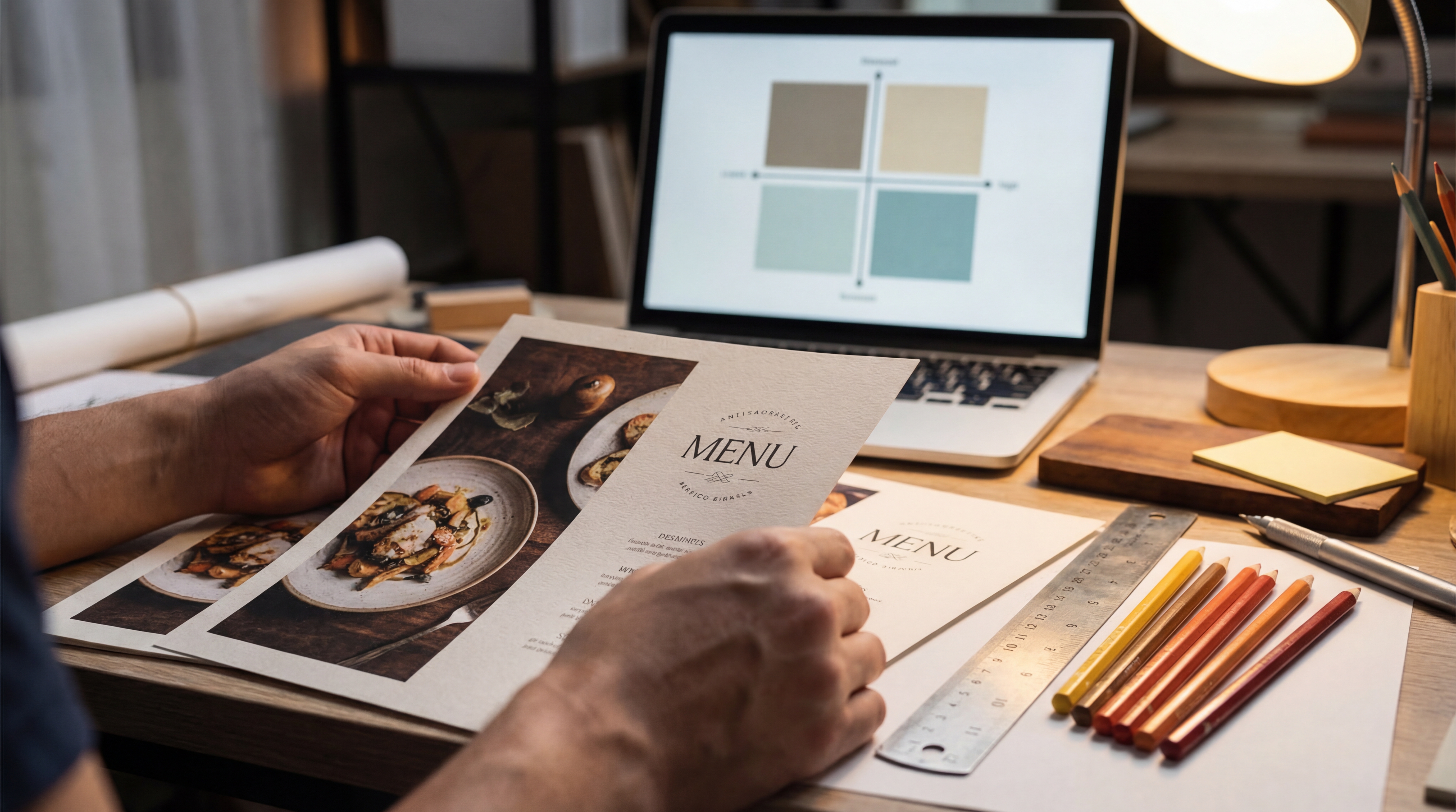 Diseño de menú de restaurante en proceso, manos organizando páginas impresas con laptop mostrando gráfico de cuadrantes de ingeniería de menú