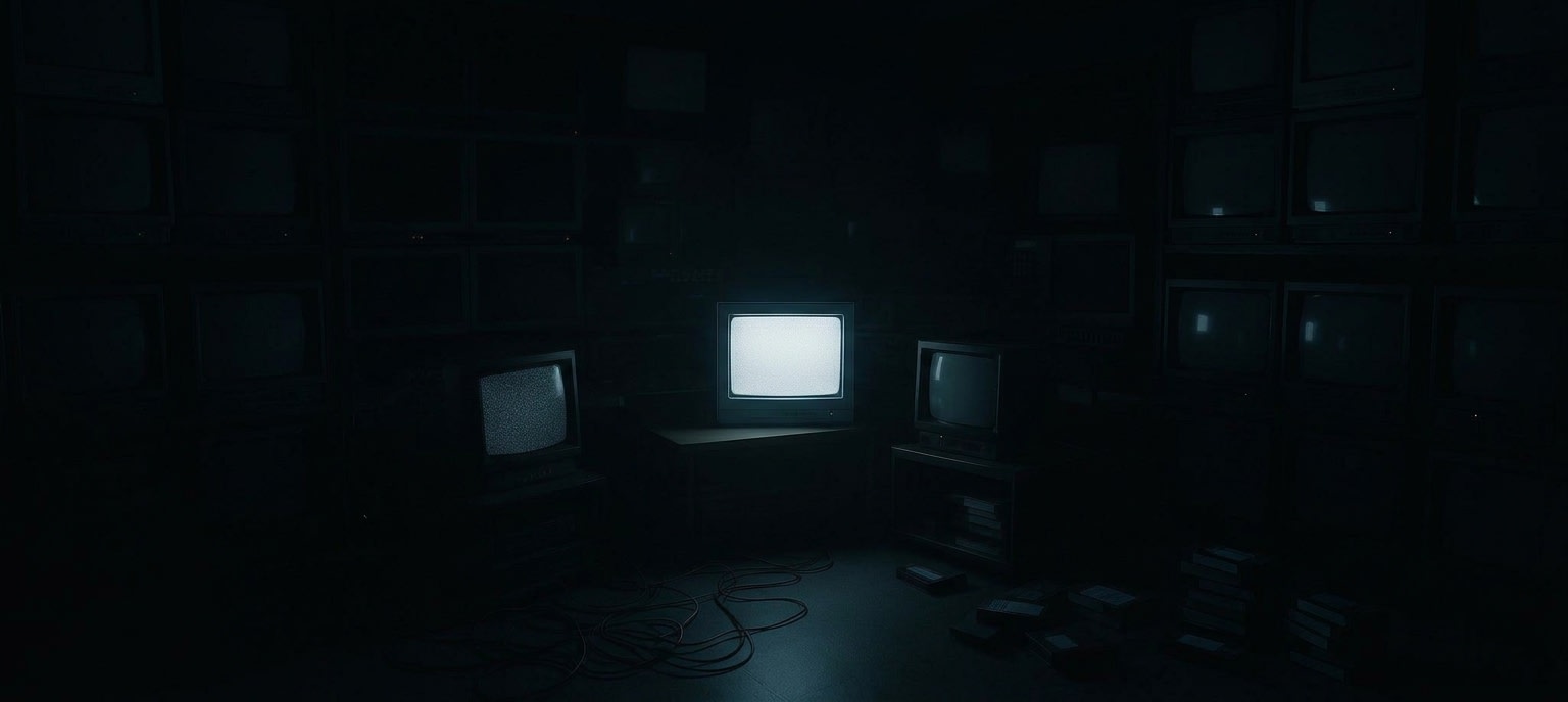 One lit CRT in a dark room of switched-off screens