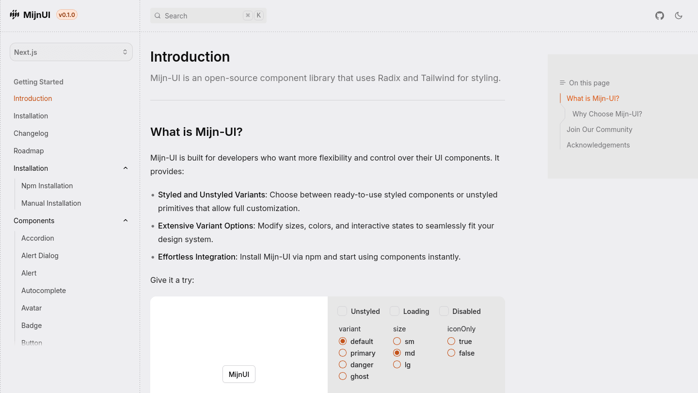 mijnui documentation introduction website preview