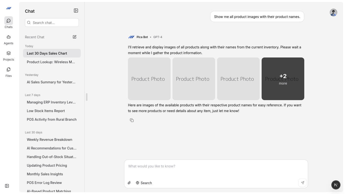 pica ai assistant product images conversation preview