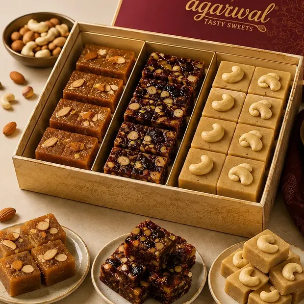 Executive dry fruit hamper with halwa and kaju bites