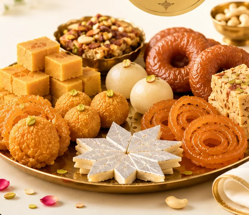 A gold thali of Agarwal sweets — mysore pak, laddu, jangiri, kaju katli and milk sweets