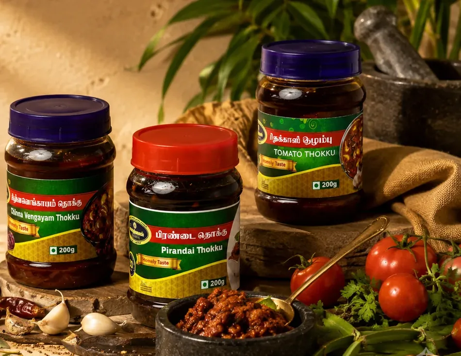 Agarwal thokku jars with garlic, tomato and shallots